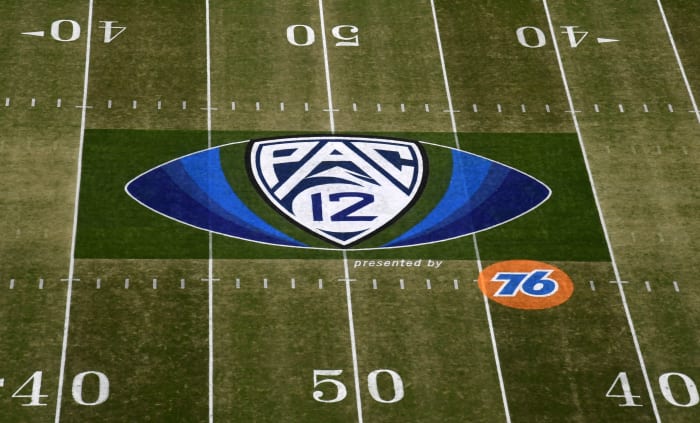 General overall view of Pac-12 logo at midfield prior to the Pac-12 Conference championship game between the Oregon Ducks and the Utah Utes at Levi's Stadium.